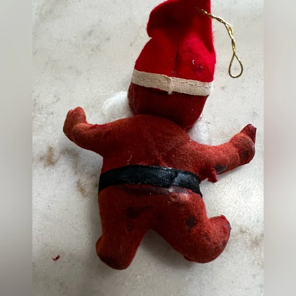 Vintage Mid Century Red Flocked Santa And Reindeer Christmas Tree Ornaments Set